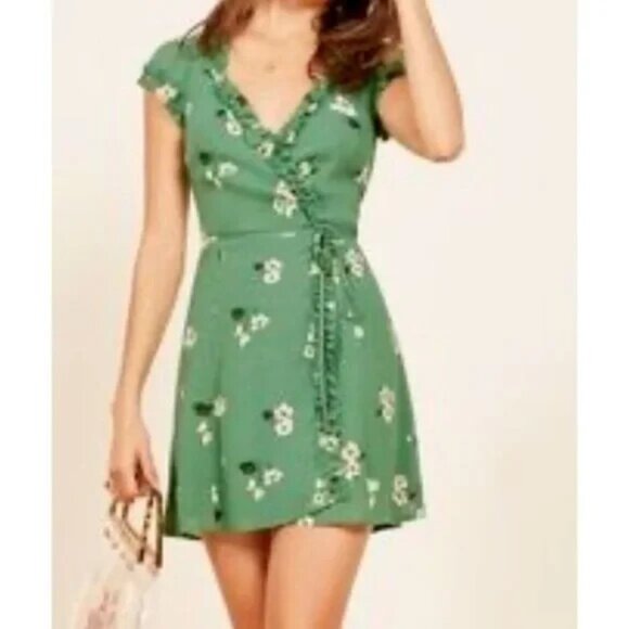 Reformation Dress XS Extra Small Oyster Green Floral Wrap Lola Summer - Picture 3 of 9